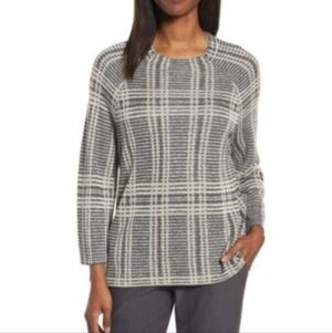 Eileen Fisher Sweater Tencel Merino Wool Blend Gray Plaid small B7